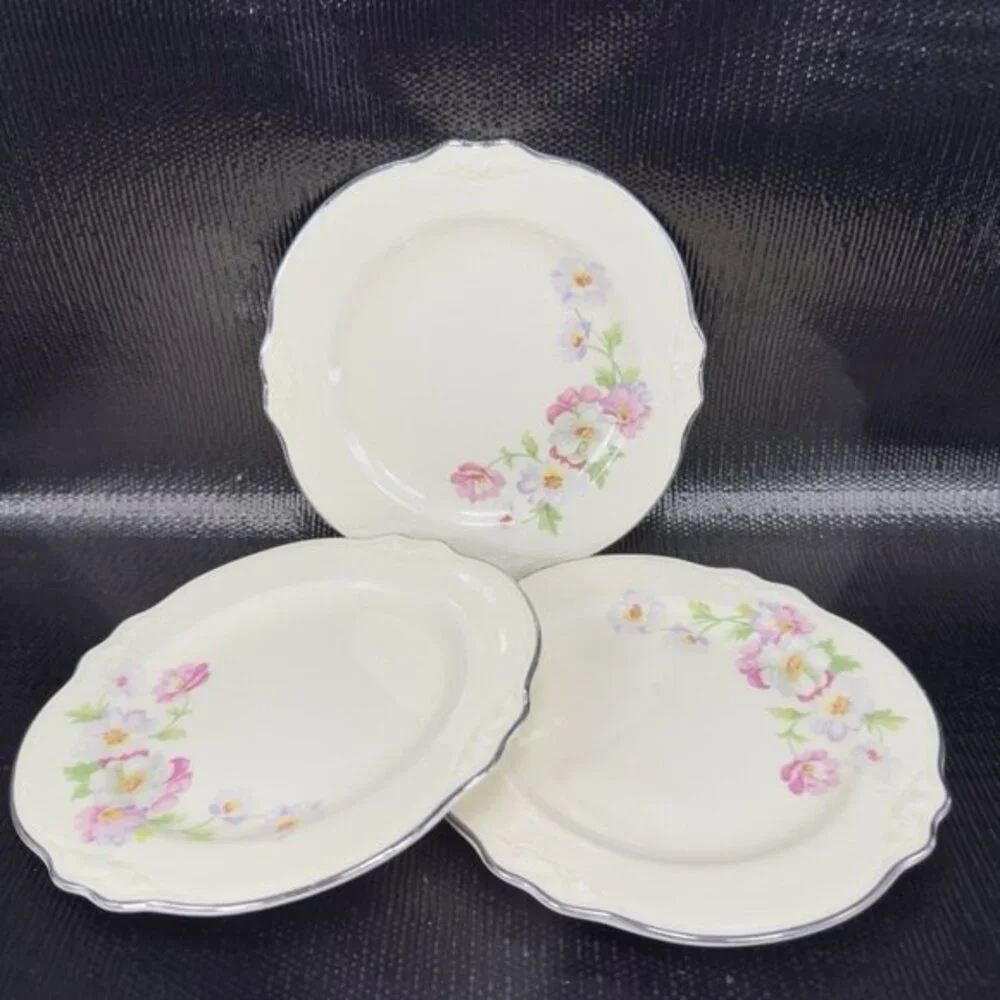 Homer Laughlin Virginia Rose Platinum Trim USA Rose Floral 6inch Plate Dish Set3